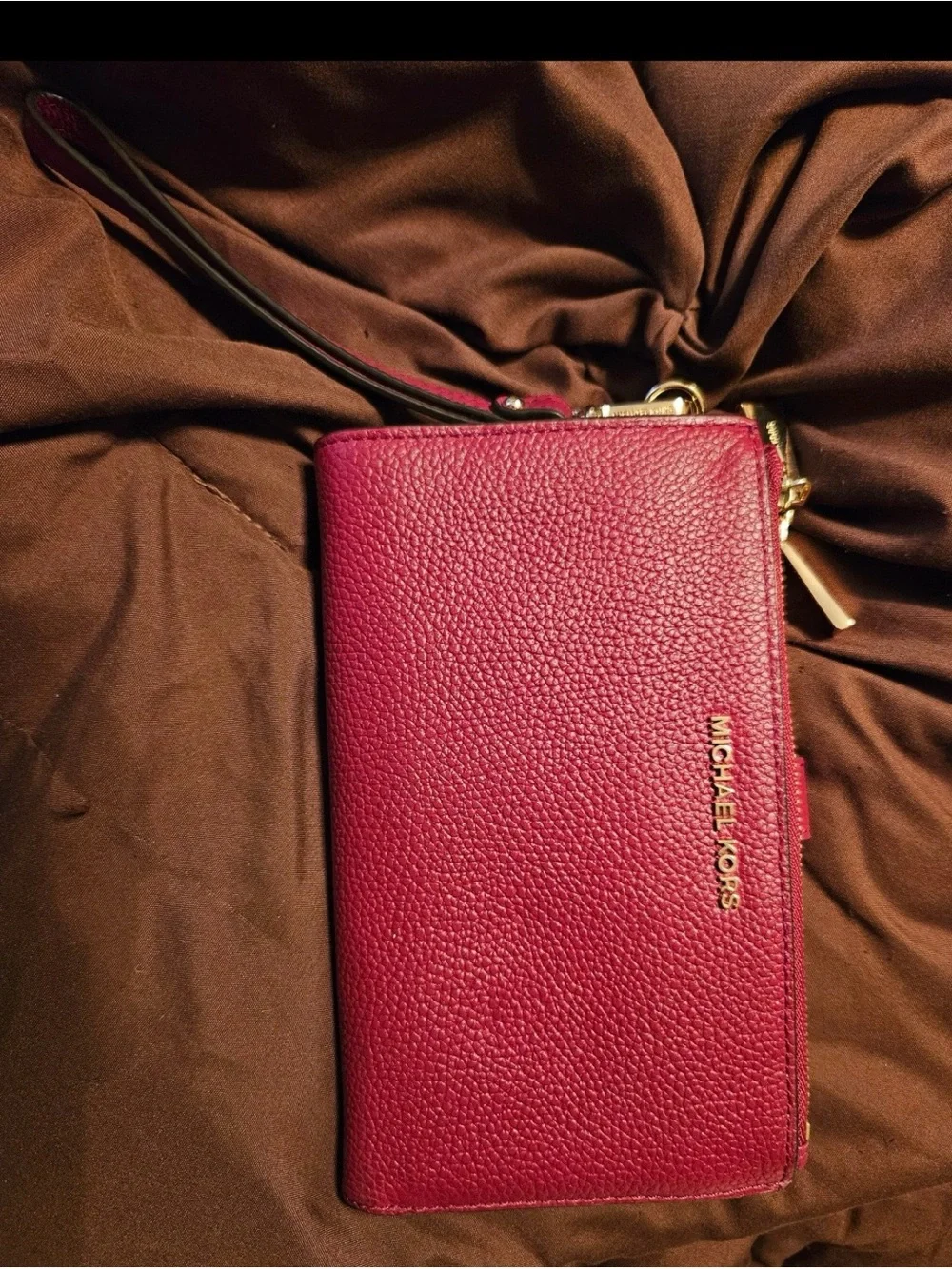 Michael Kors Burgundy Pebbled Leather Wristlet Clutch with Gold Hardware